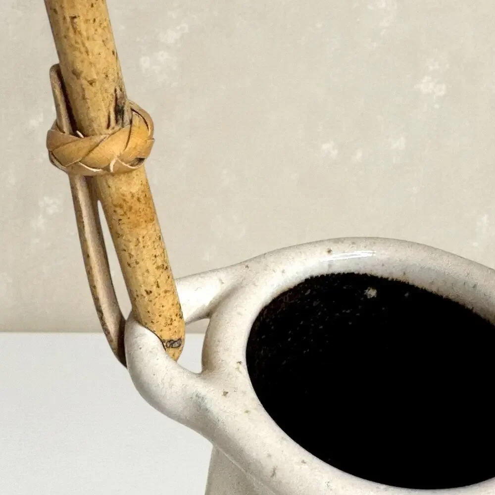 Vase Studio Art Pottery Speckled Stoneware Rattan Handle Organic Basket Decor